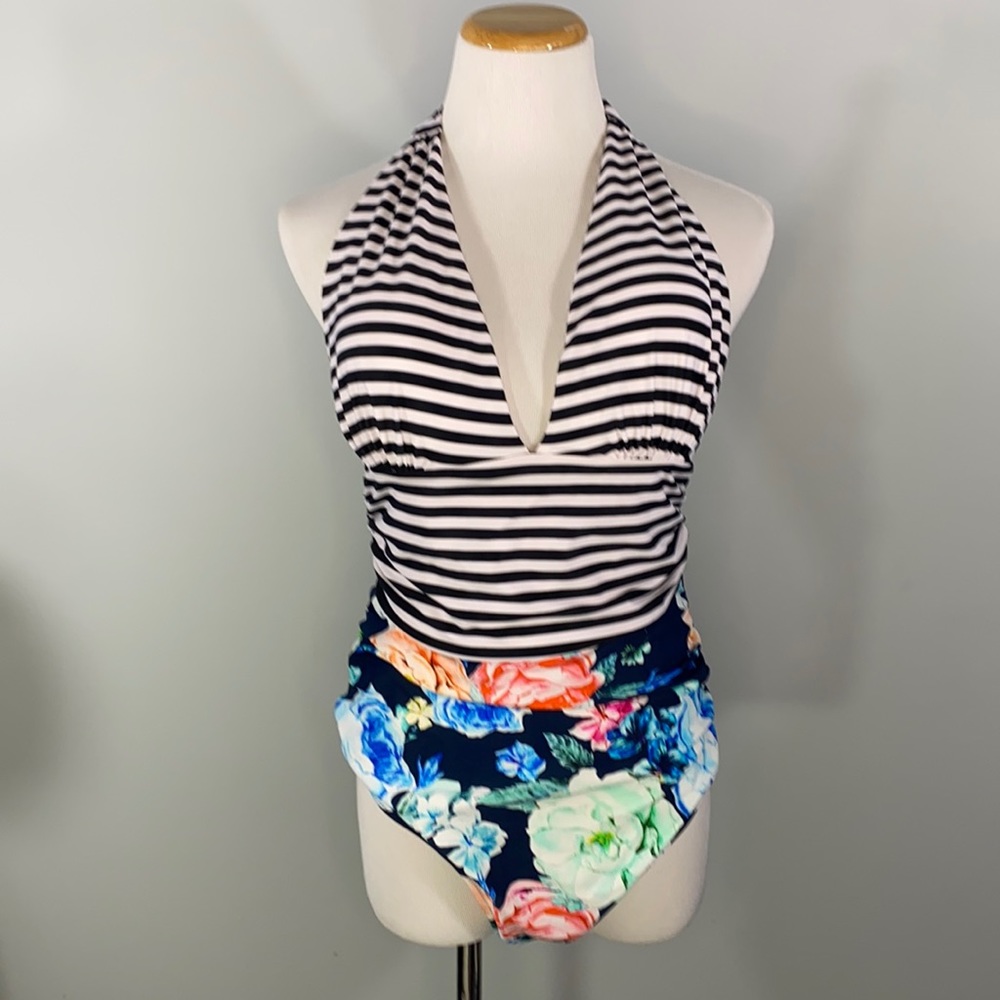 Cup She Swim Stripe Floral Halter One Piece